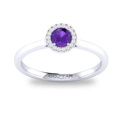 14K W Gold 0.05cttw Diamond 0.30cttw Amethyst Round Halo Ring