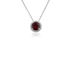 14K W Gold 0.05ctw Diamond 0.35ctw Round Garnet Halo Pendant