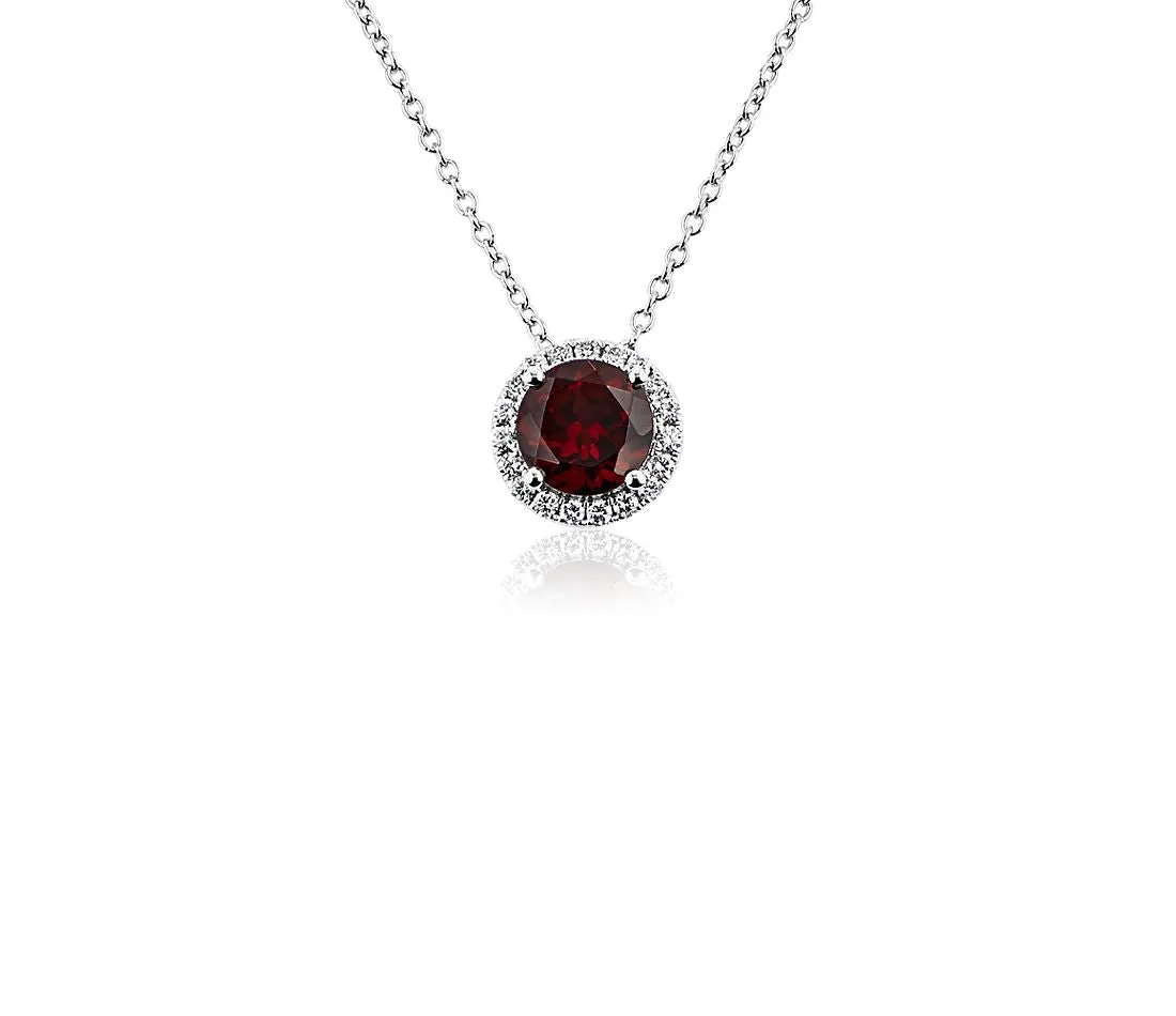 14K W Gold 0.05ctw Diamond 0.35ctw Round Garnet Halo Pendant