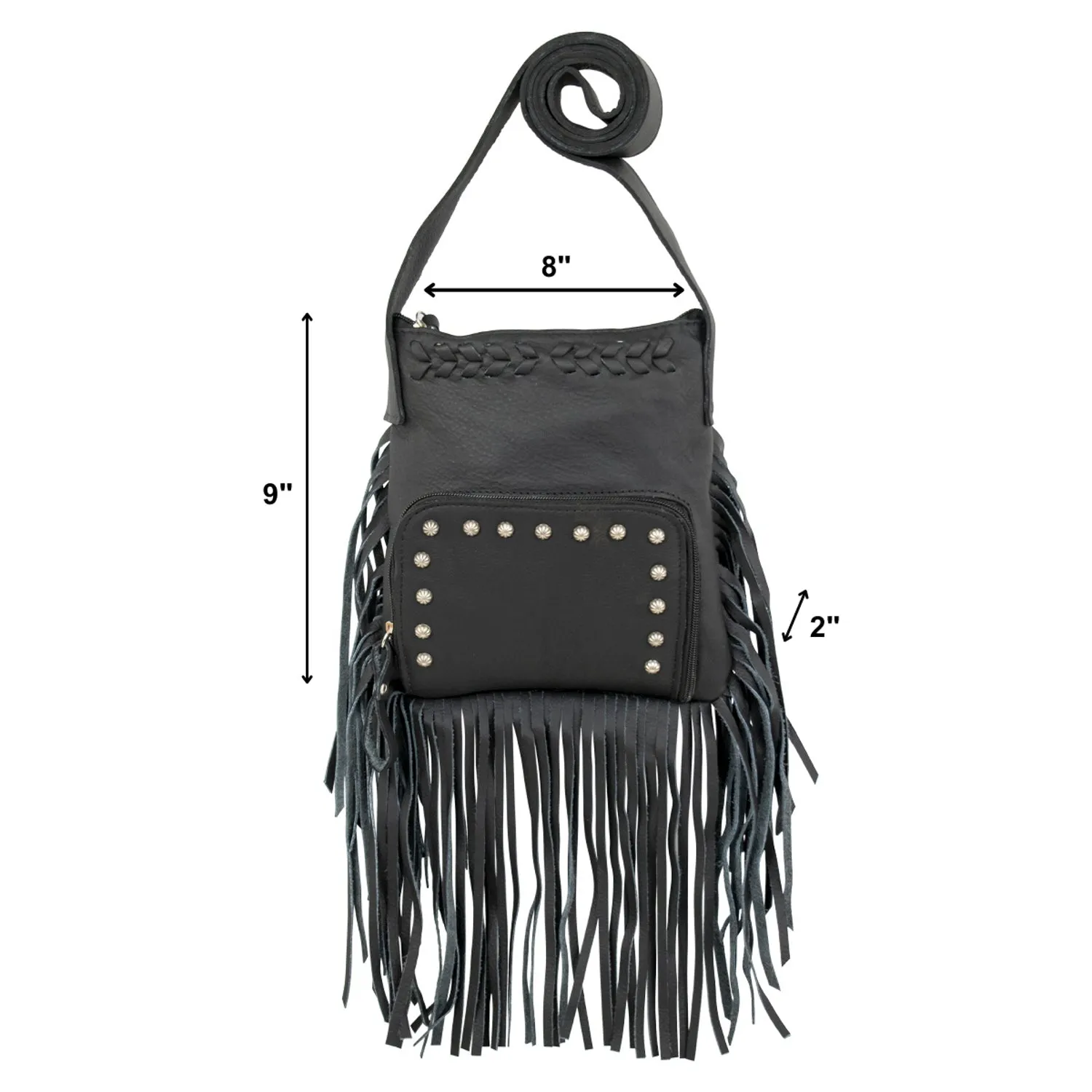 American West Womens Fringed Cowgirl 8in Black Leather Crossbody Bag