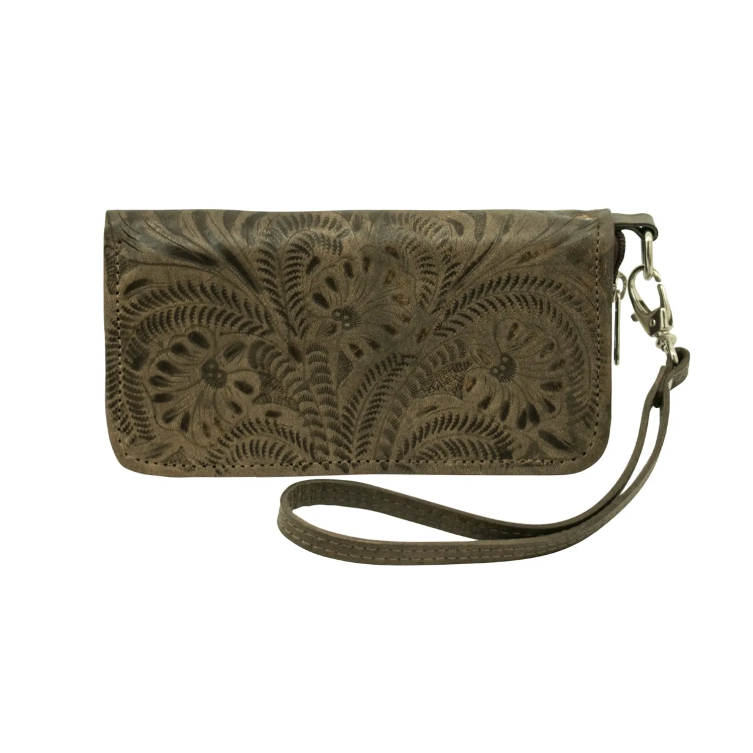 American West Womens Hand Tooled Distressed Charcoal Leather Zip Around Wallet