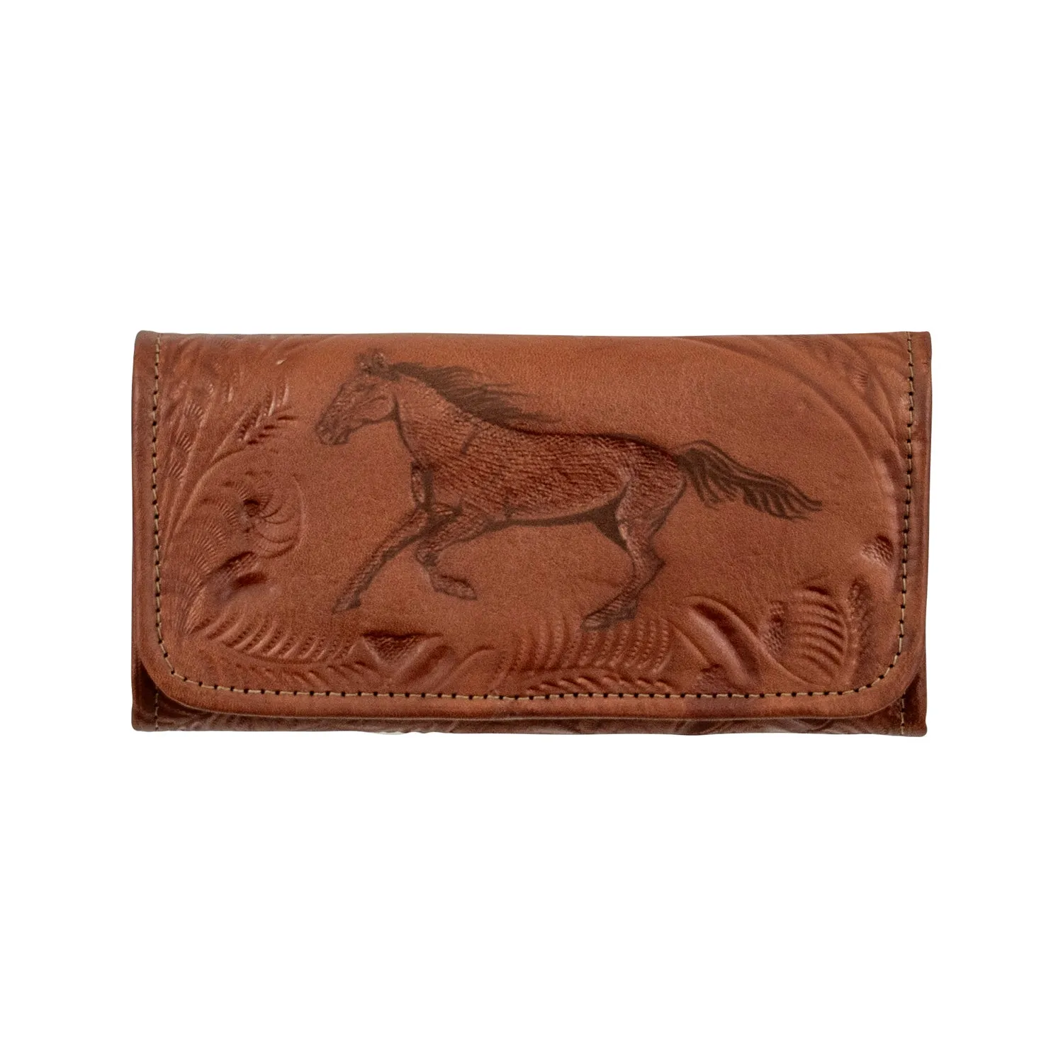 American West Womens Hitchin Post Antique Brown Leather Trifold Wallet