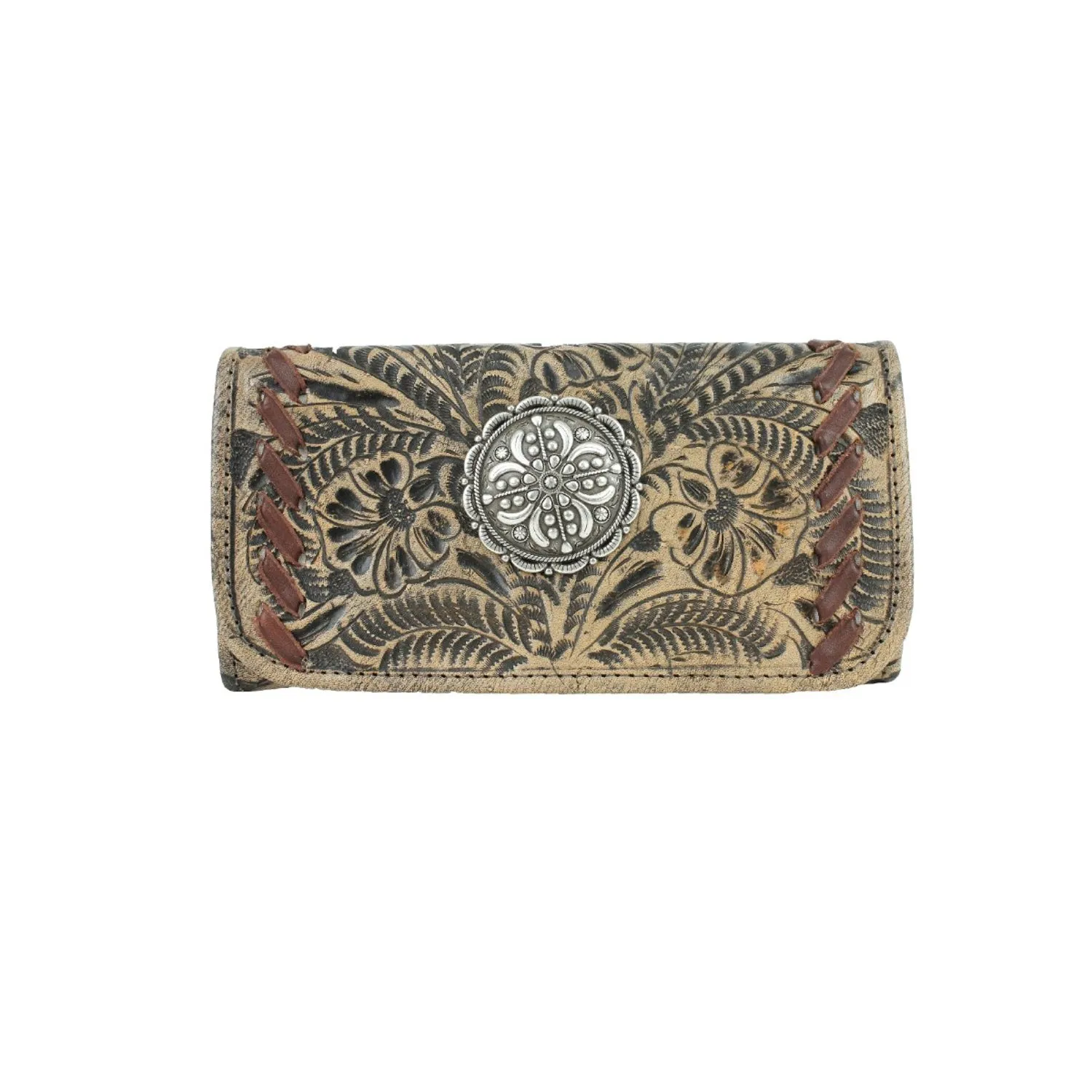 American West Womens Lariats and Lace Distressed Charcoal Leather Trifold Wallet