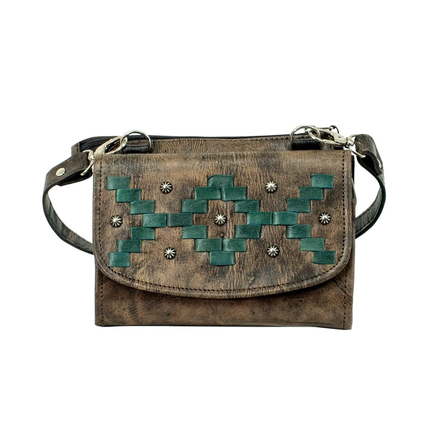 American West Womens Tribal Weave Distressed Charcoal Leather Crossbody Bag