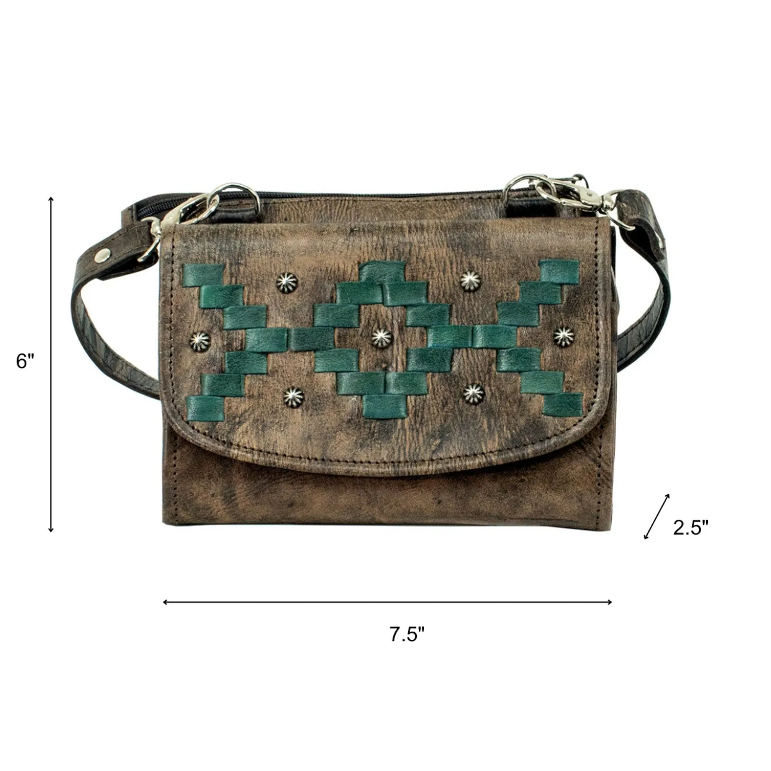 American West Womens Tribal Weave Distressed Charcoal Leather Crossbody Bag