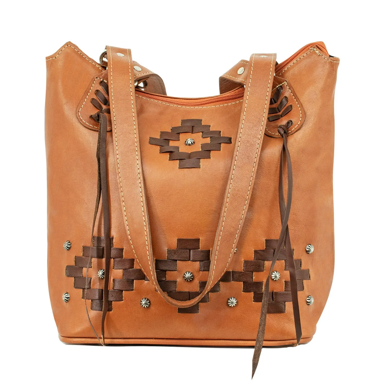 American West Womens Tribal Weave Golden Tan Leather Handbag Bag