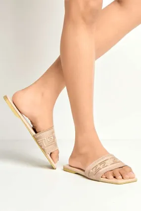 Azzam Square Toe Aztec Print Sliders in Nude