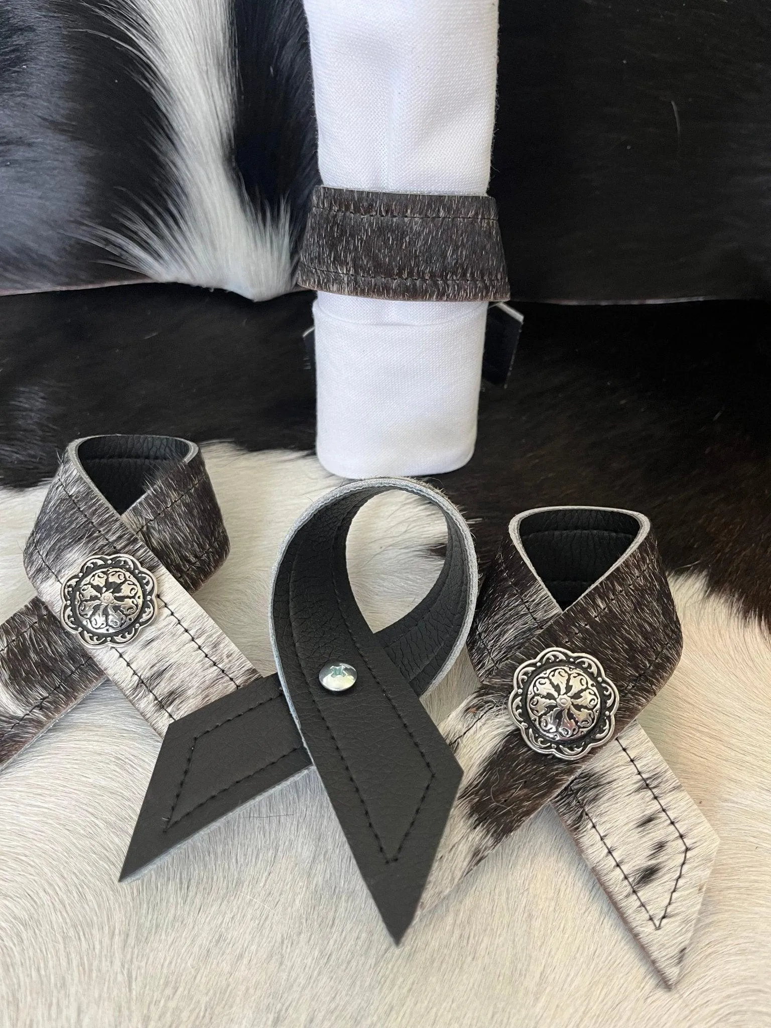 Black White Cowhide & Concho Napkin Rings