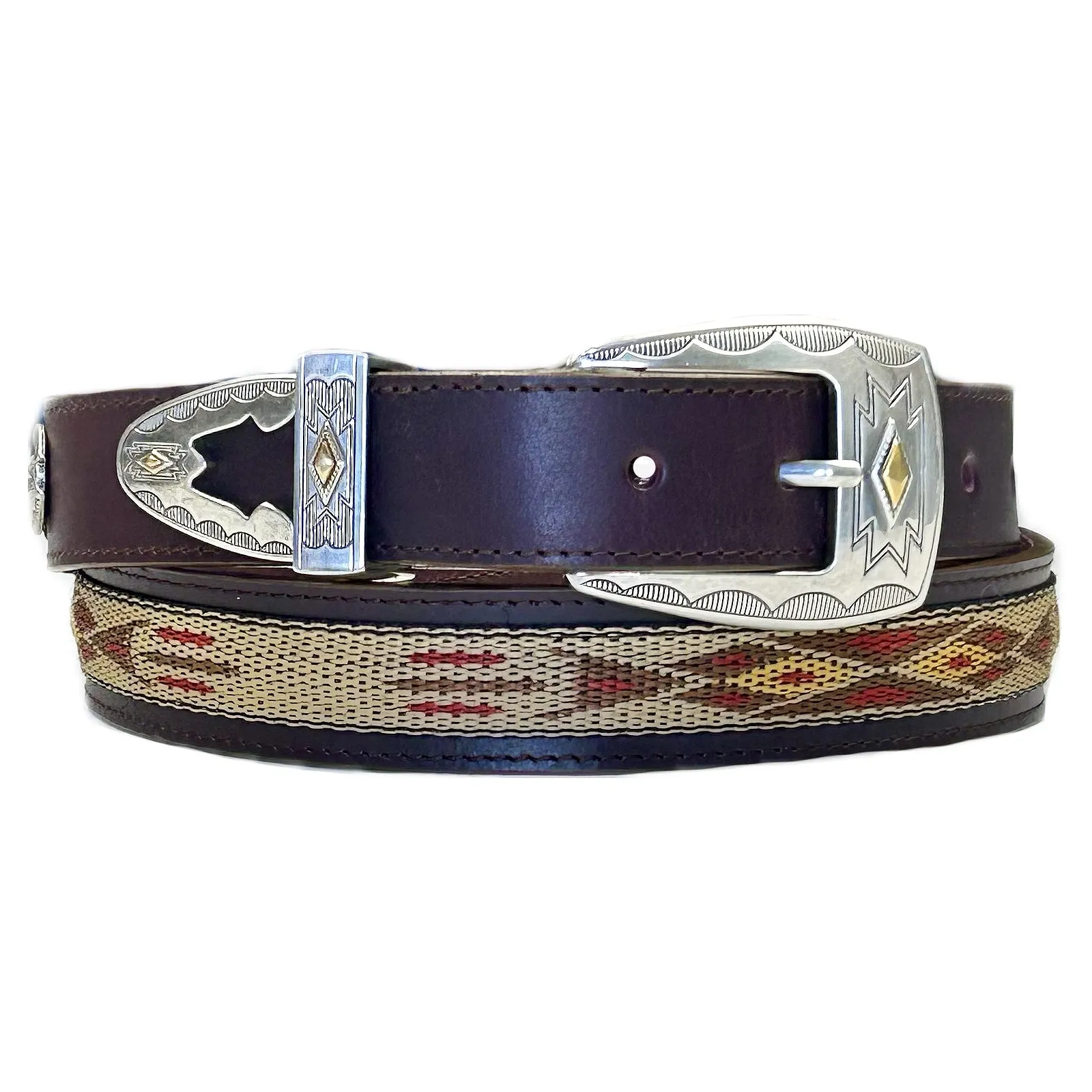 Brown Native Ribbon Genuine Leather Western Belt with Conchos