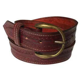 Burgundy Tooled Check Pattern Genuine Leather Western Belt