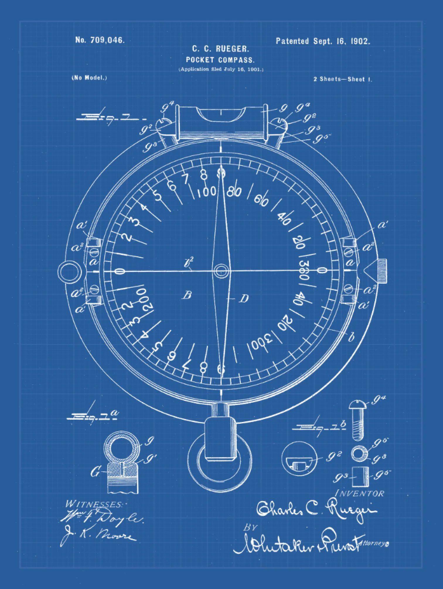 Compass Patent Print Art on Canvas