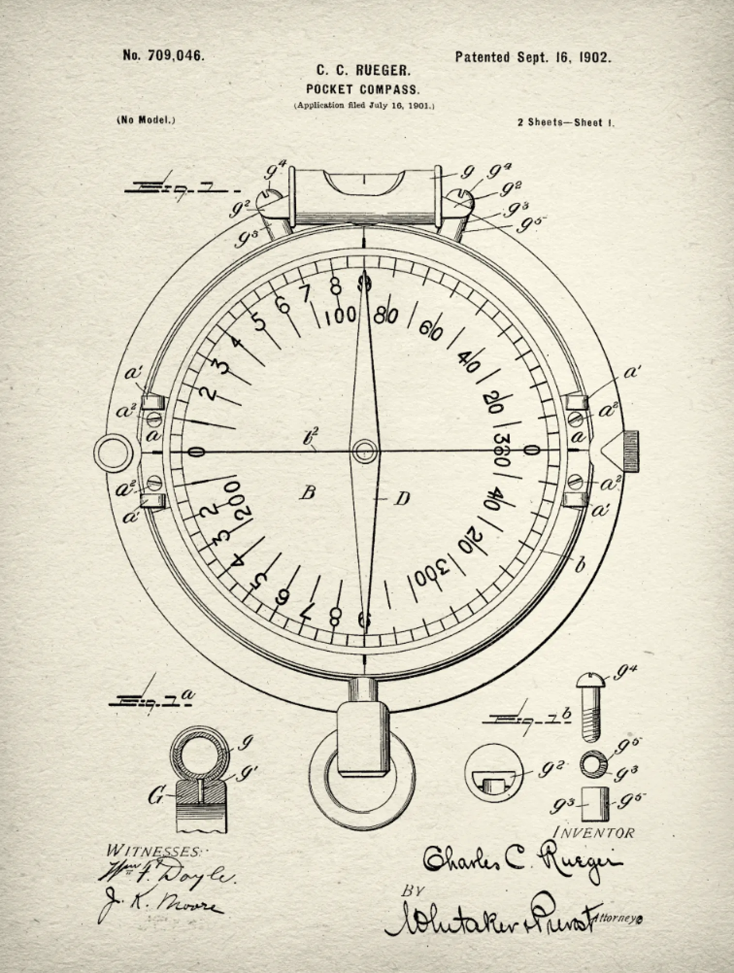 Compass Patent Print Art on Canvas