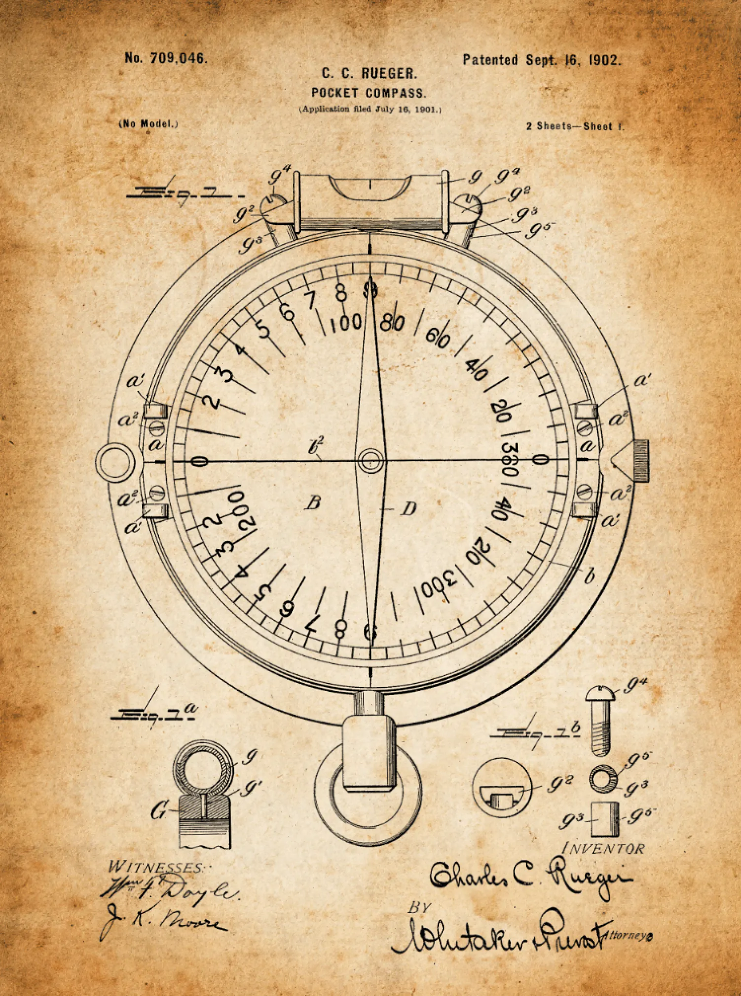 Compass Patent Print Art on Canvas