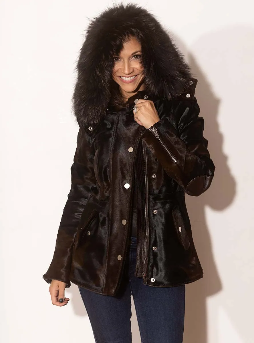 Cowhide Leather Jacket with Raccoon Fur Trimmed Hood