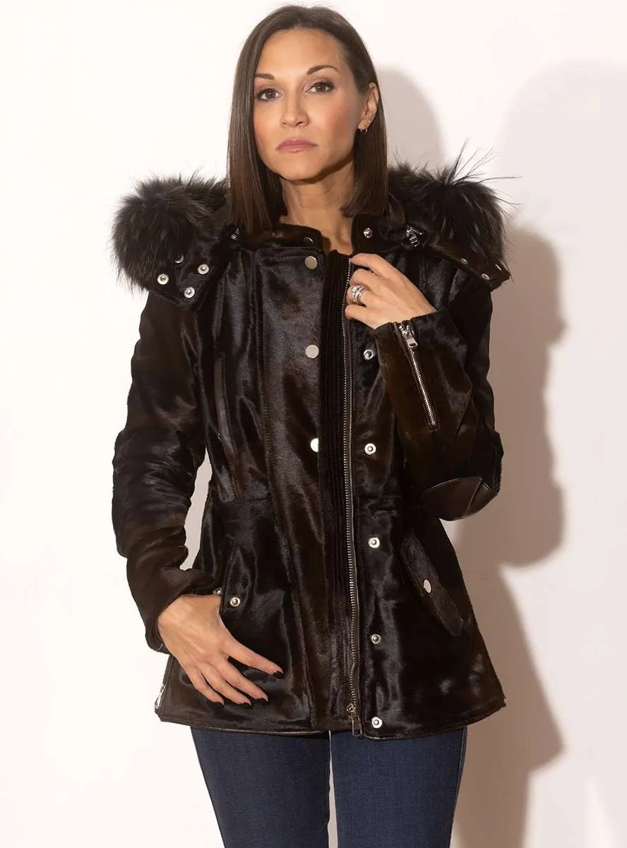 Cowhide Leather Jacket with Raccoon Fur Trimmed Hood