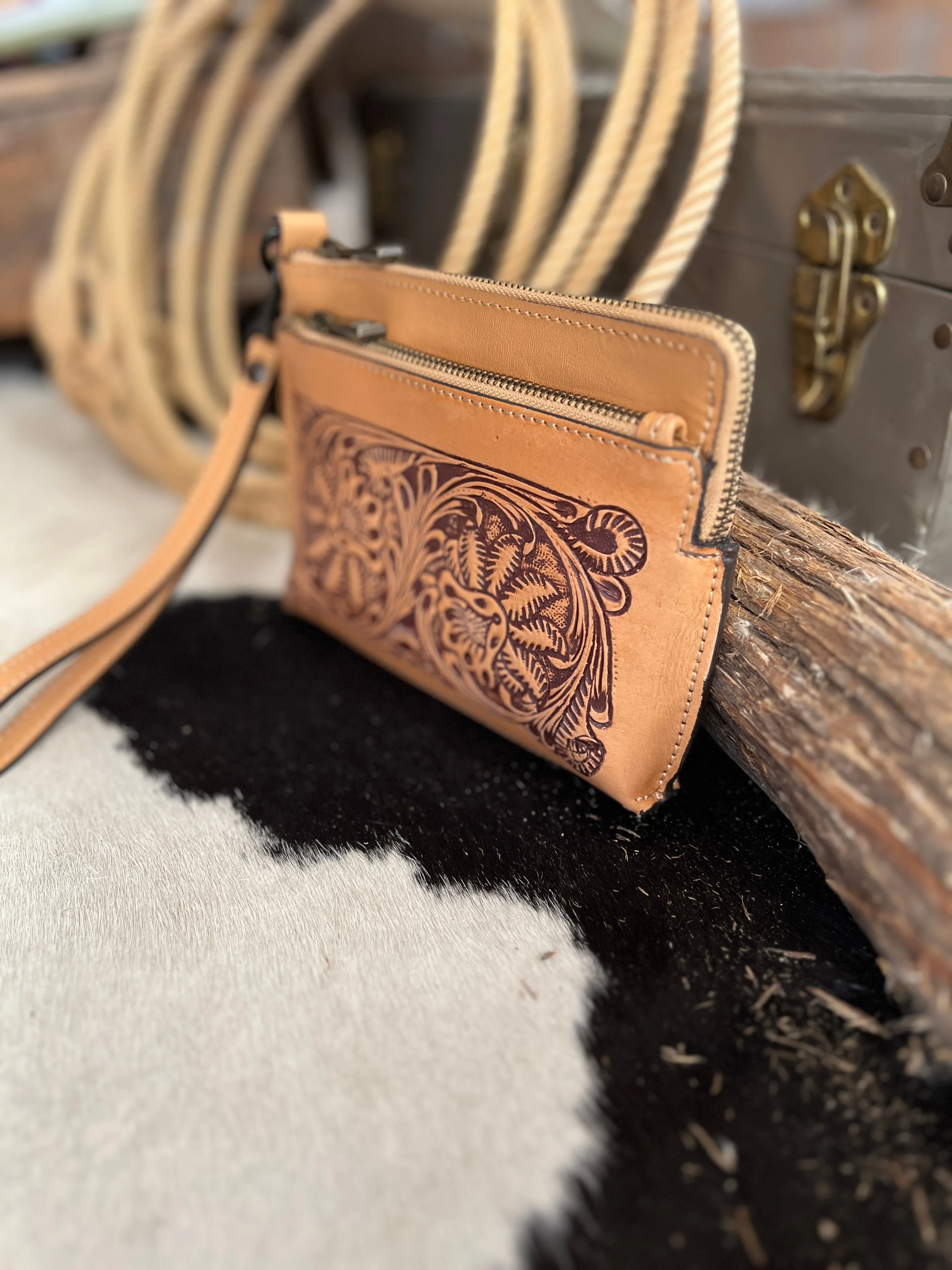 Darling Small Hand Tooled Leather Wristlet Pouch Bag