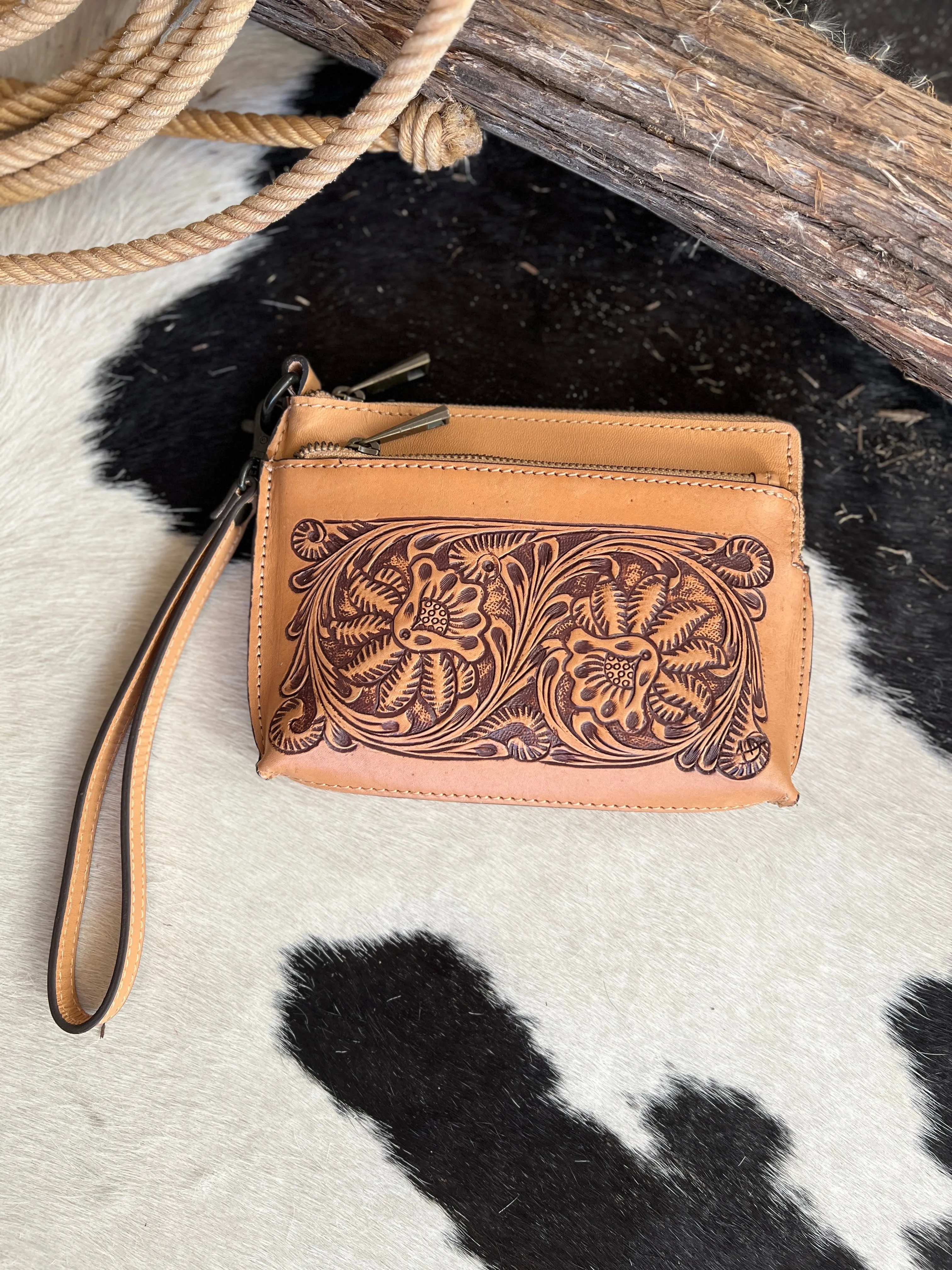 Darling Small Hand Tooled Leather Wristlet Pouch Bag