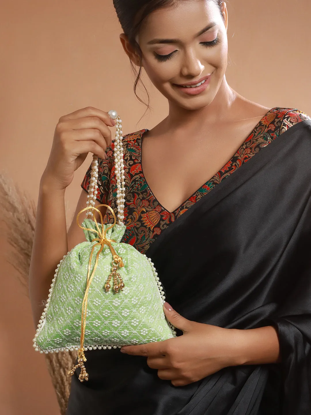 Green & Gold-Toned Chikan Embroidered Work Potli Clutch