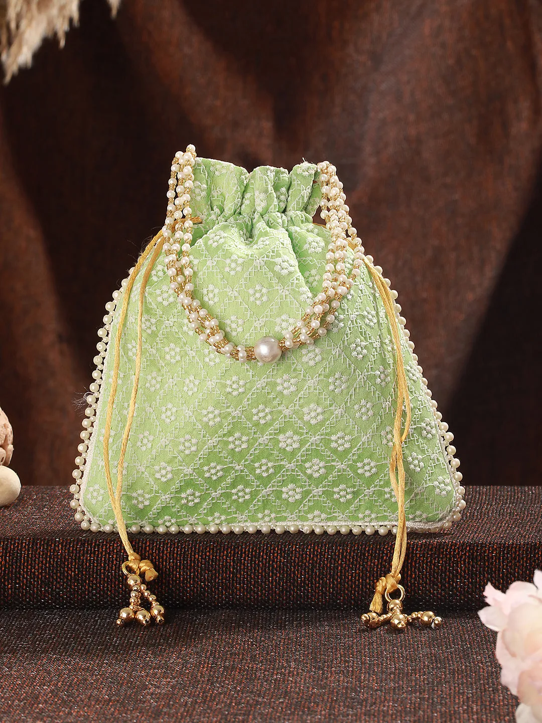 Green & Gold-Toned Chikan Embroidered Work Potli Clutch