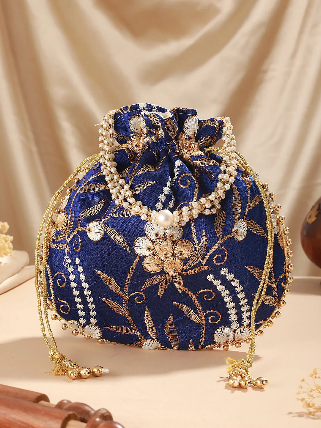 Royal Blue & Gold Embroidered Embellished Potli Clutch