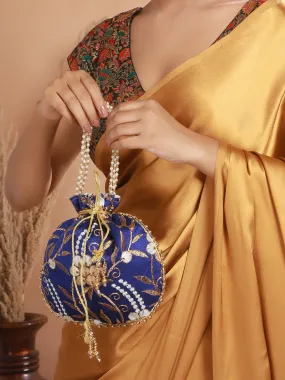 Royal Blue & Gold Embroidered Embellished Potli Clutch