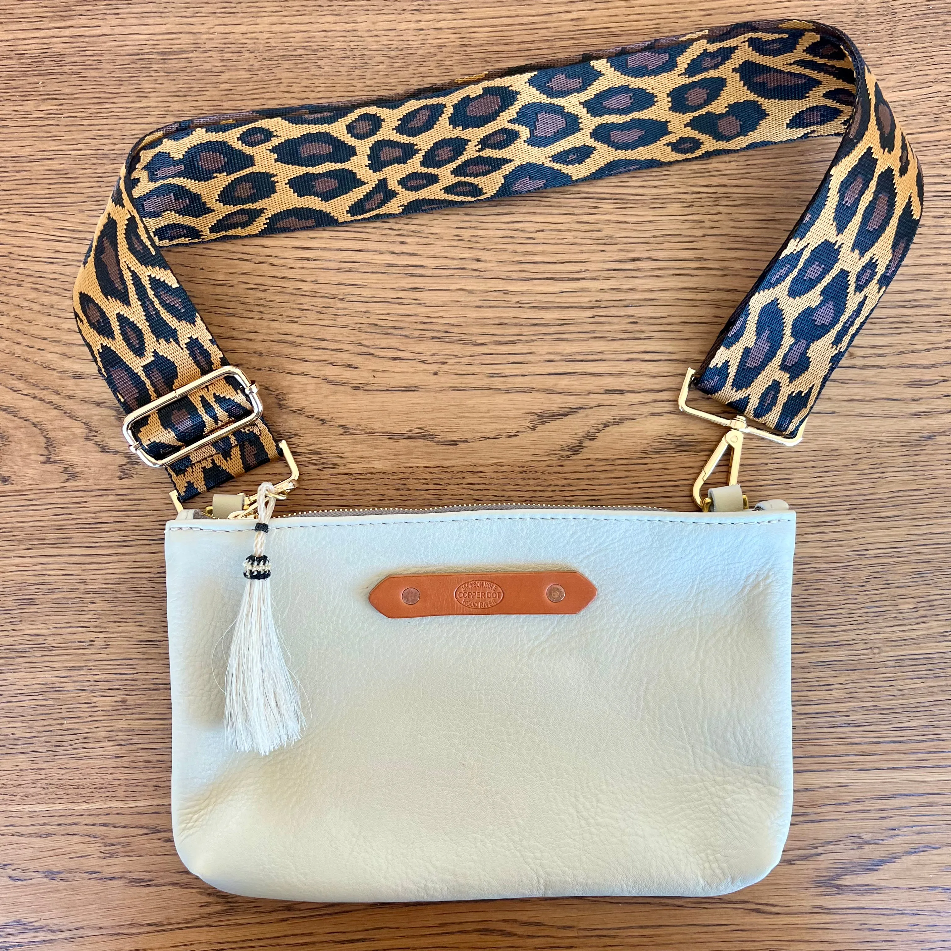 Webbing Shoulder Strap NEW Tan Leopard - Gold Hardware