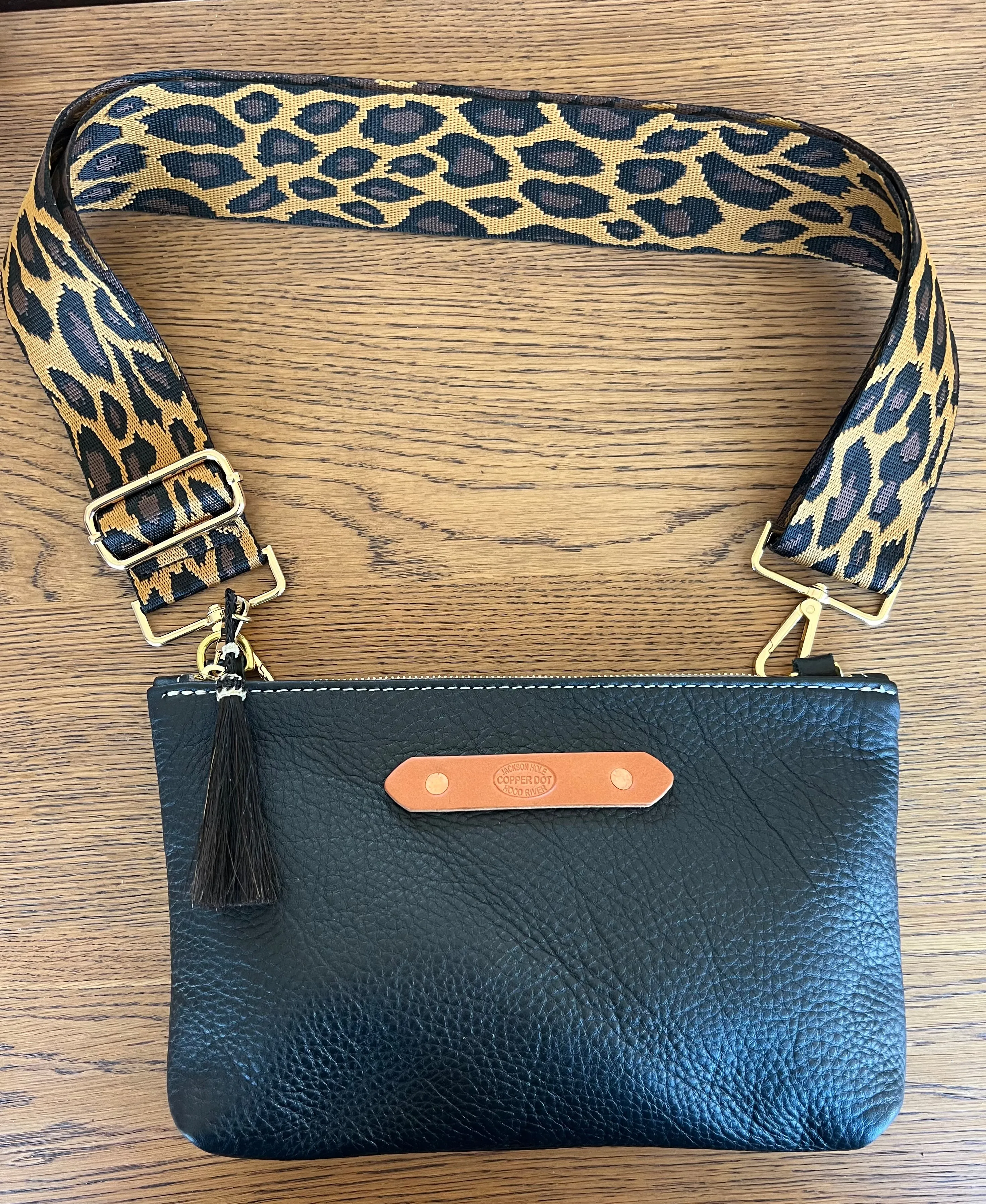 Webbing Shoulder Strap NEW Tan Leopard - Gold Hardware