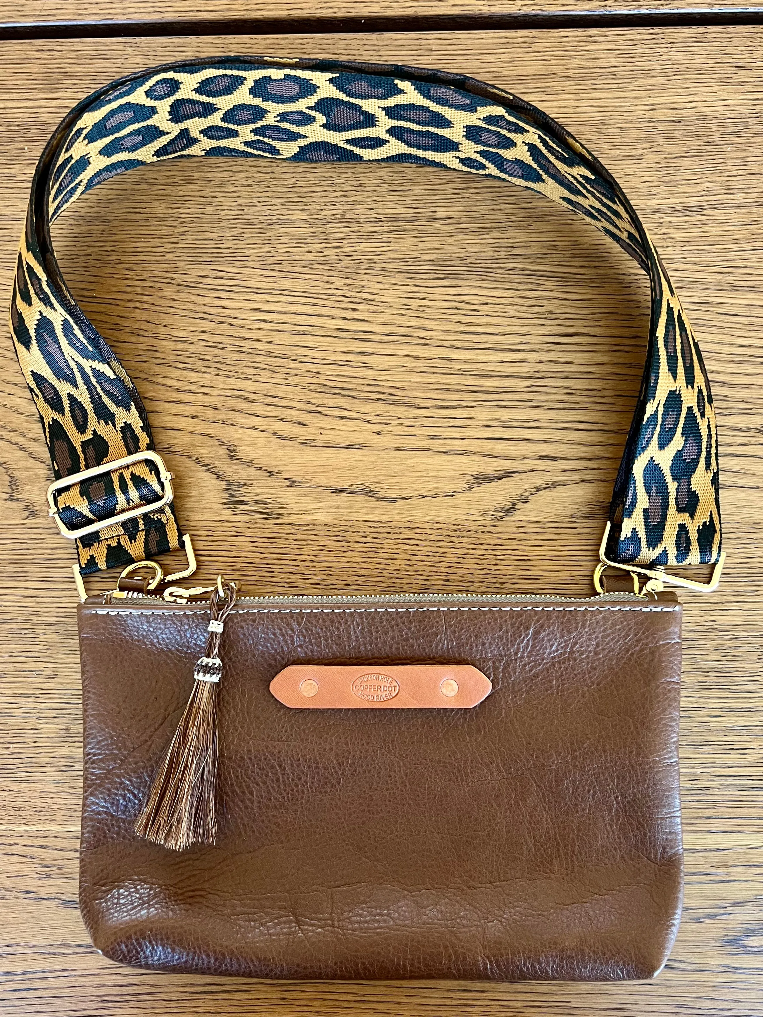 Webbing Shoulder Strap NEW Tan Leopard - Gold Hardware